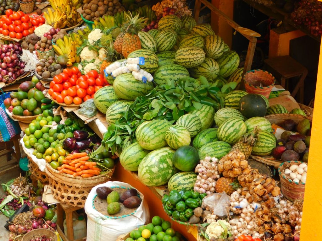 Fruits and vegetables stall in Mpanga market.